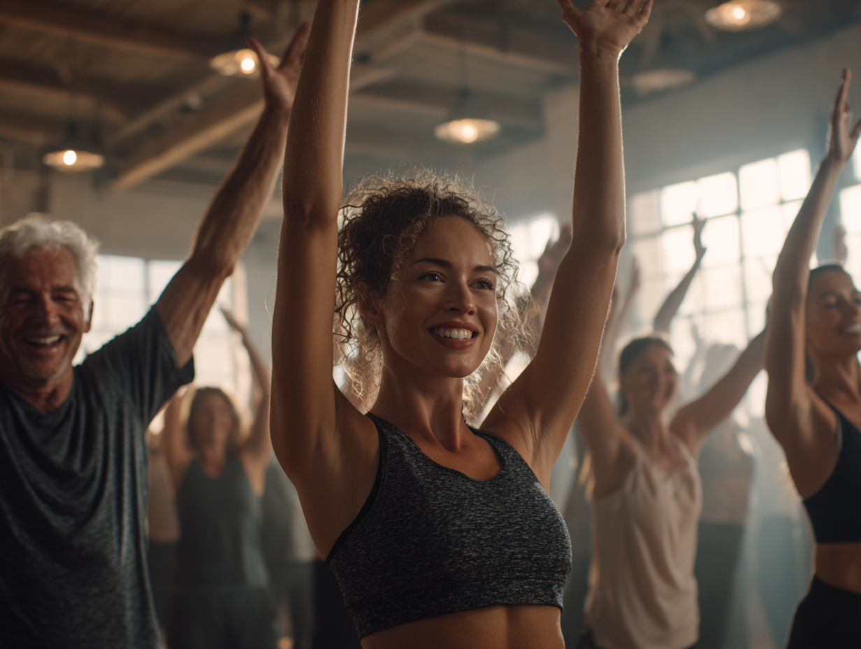 Люди різного віку займаються фітнесом на свіжому повітрі